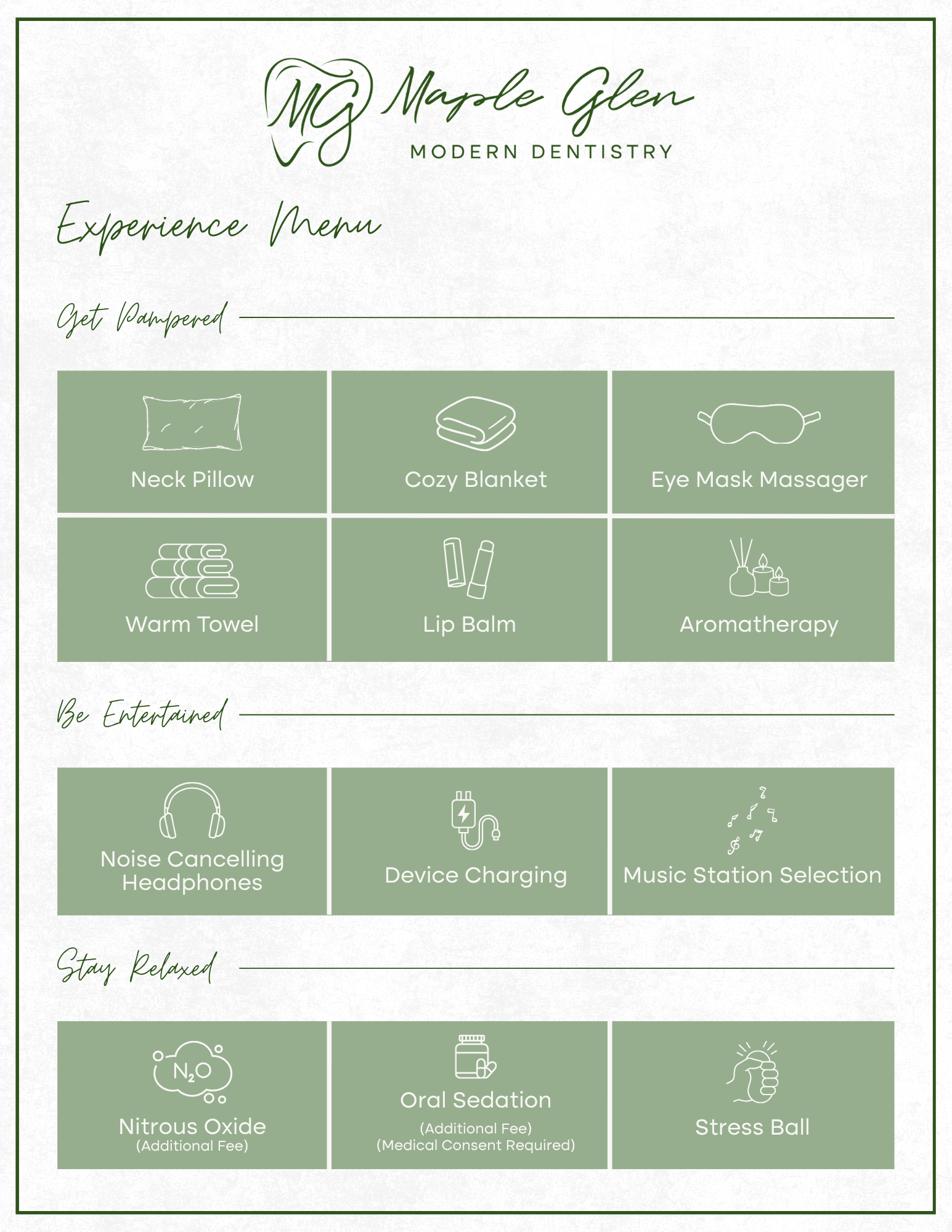 Maple Glen Modern Dentistry experience menu listing comfort amenities including neck pillow, blanket, noise cancelling headphones, and sedation options